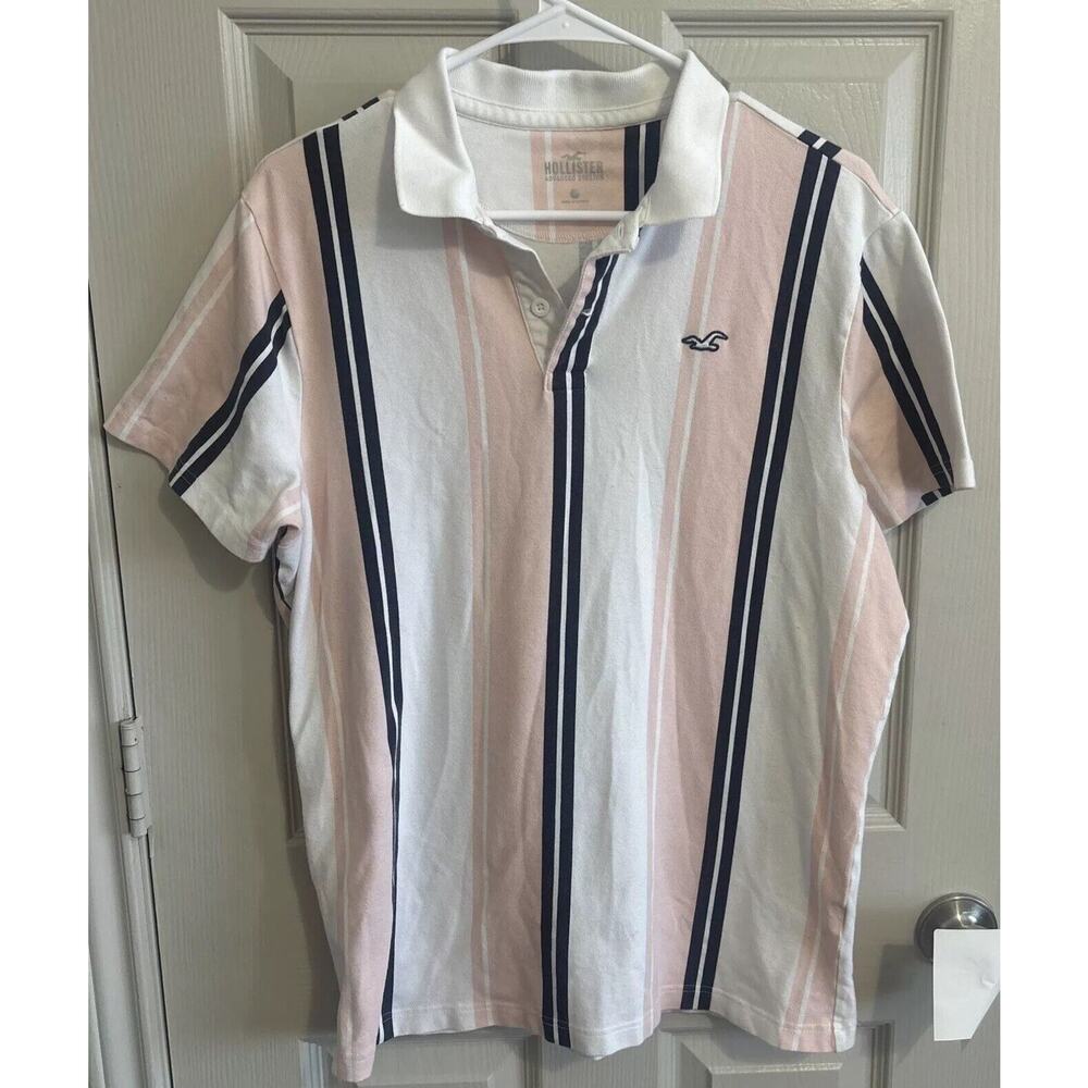 Hollister Polo Shirt Mens Large Pink Blue White‎ Stretch Collared Preppy (e1)